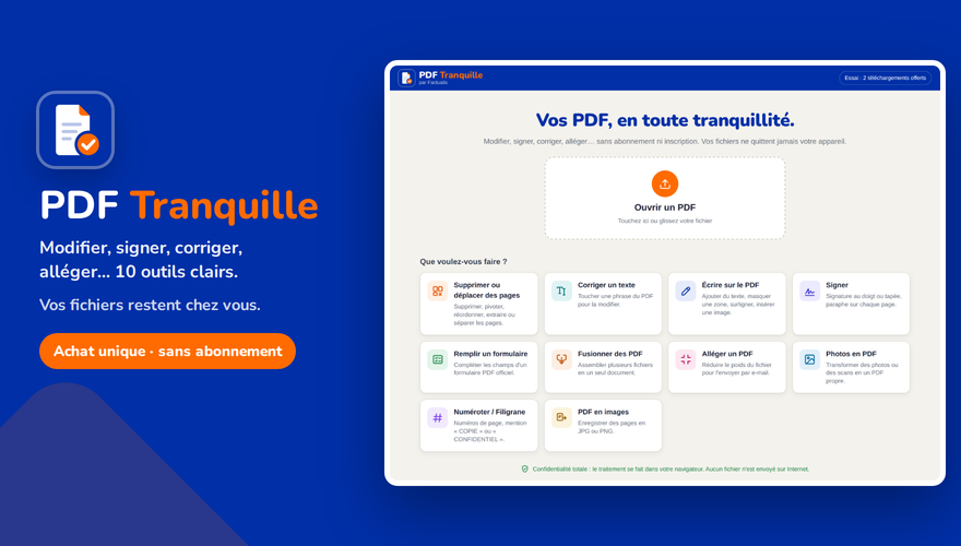 PDF Tranquille — la page d'accueil et ses dix outils