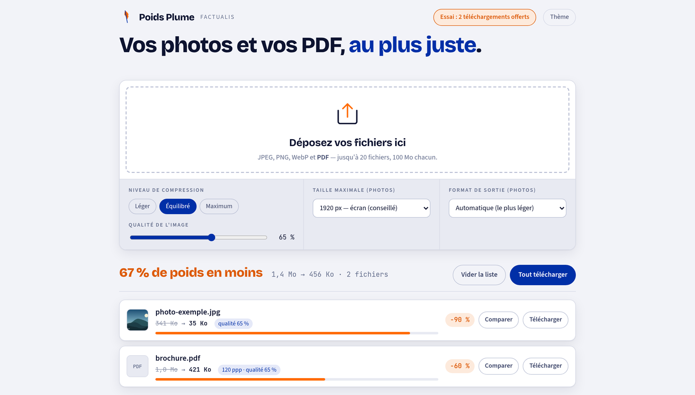 Poids Plume — une photo et un PDF allégés, avec le gain affiché
